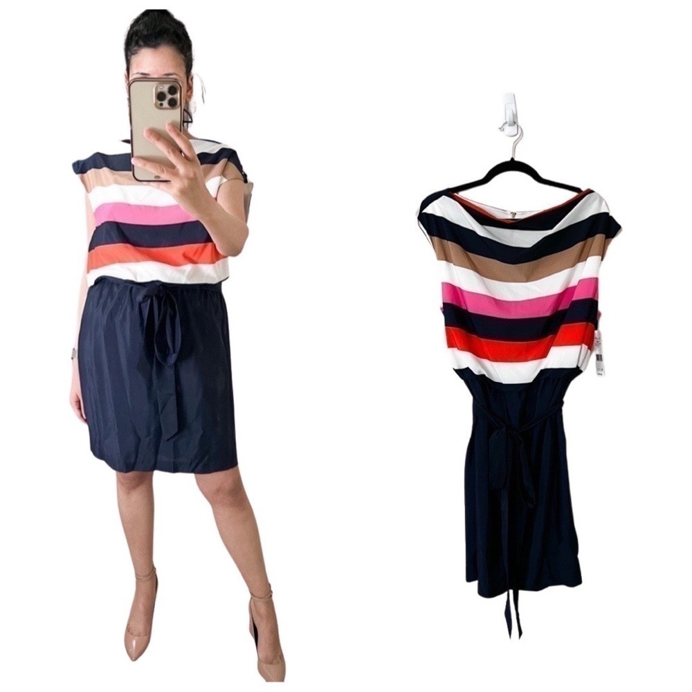 NWT ELIZA J Striped Shift Short Sleeve Knee-Length Dress Navy US 14
